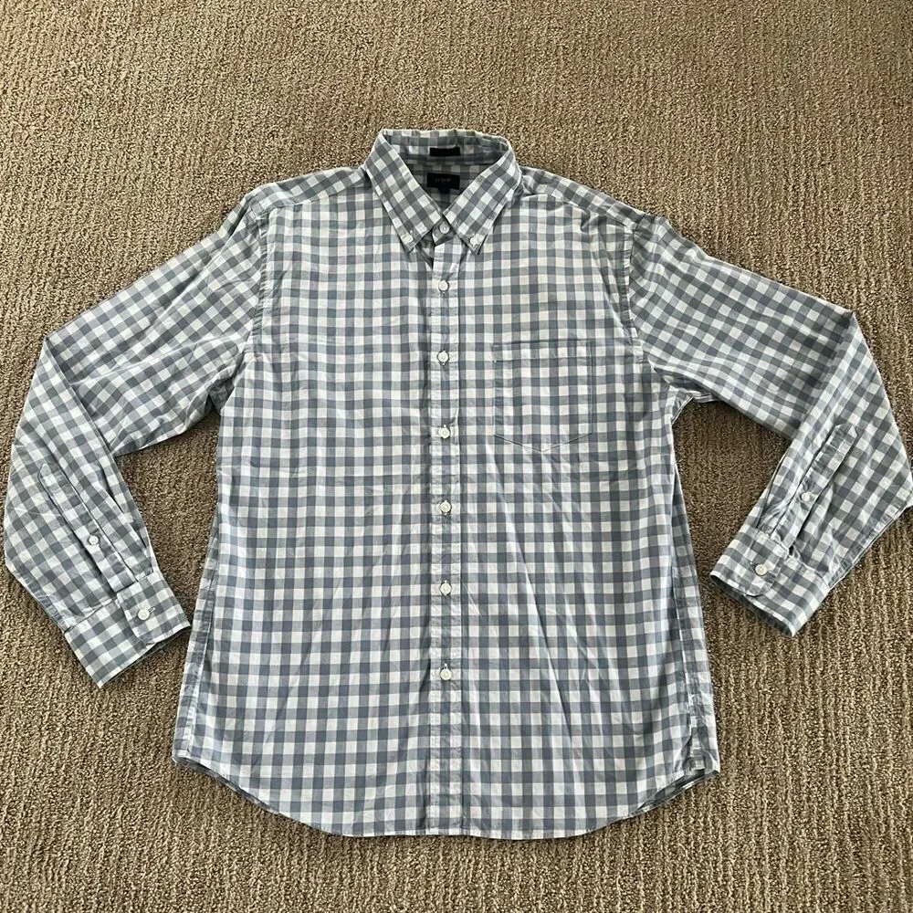 J. Crew Mens Blue and White Checkered Button Down Shirt